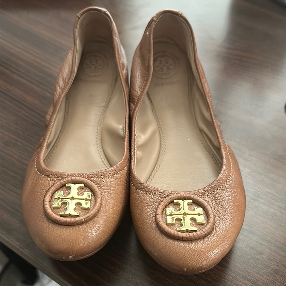 Tory Burch Tan “Allie” Leather Flats with Gold Logo